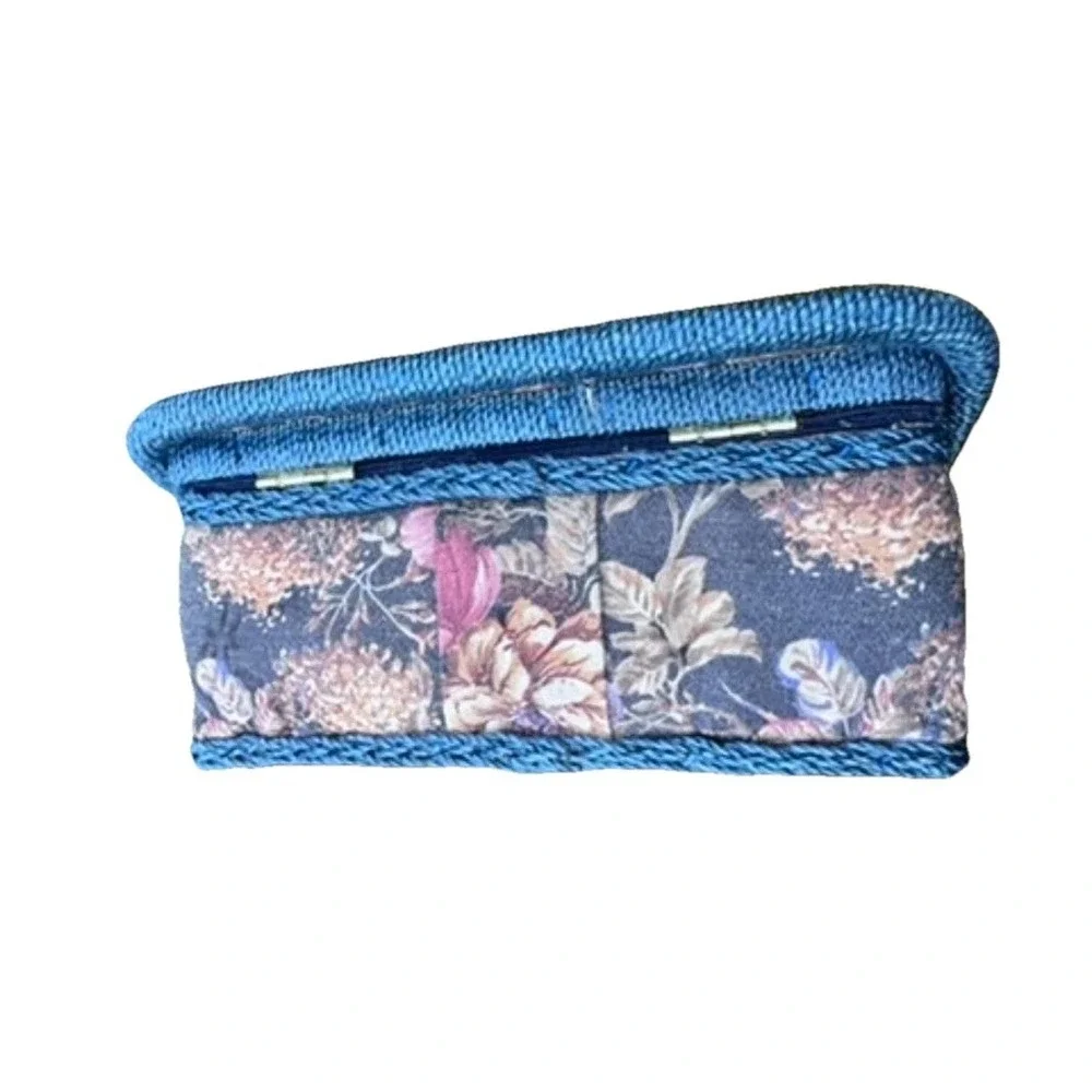Vintage Sewing Basket Fabric Floral‎ Pattern Storage Box Blue Roped Top Handle